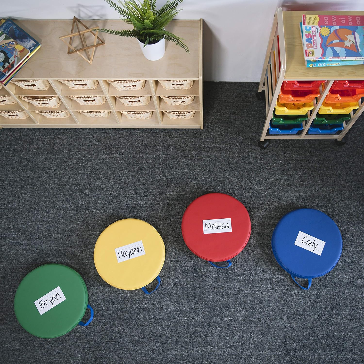 SoftScape Round Floor Cushions 15 Inch 6 Piece Set, Kids Flexible Seating with Handles and Non Slip Base, Foam Classroom and Playroom Floor Pillows, Ages 2+
