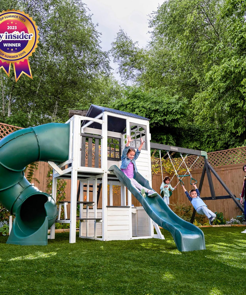 KidKraft Wrangler Way Swing Set / Two-Story Clubhouse Playset with Slides, Swings, Acrobar and Play Kitchen, Wooden Outdoor Swing Set for Kids Ages 3 to 10