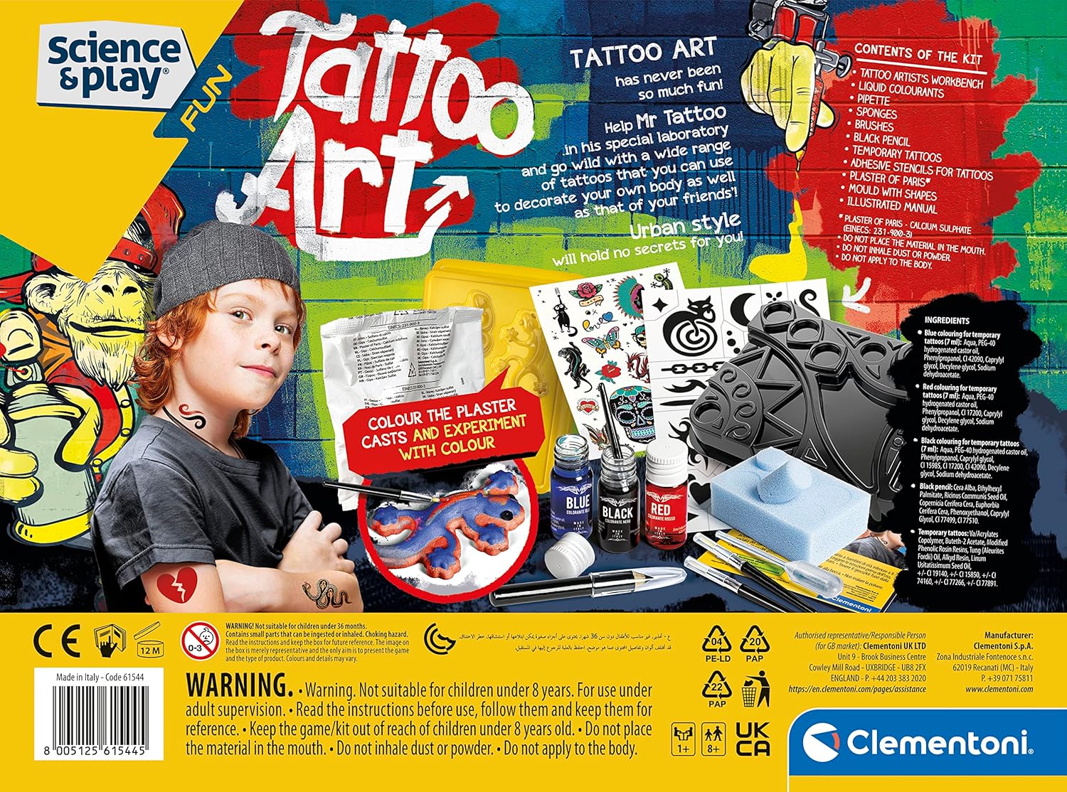 Clementoni - 61544 - Science & Play Fun - Tattoo Art - Tattoo Kit For Kids, Educational And Scientific Toys, Gift For Kids Age 8, English version - Made In Italy