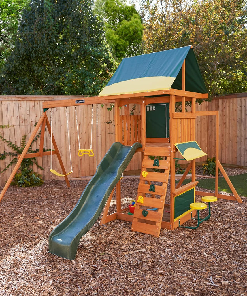 KidKraft Brightside Wooden Swing Set with High-Rail Wave Slide, Rock Wall, Upper Clubhouse, Monkey Bars, Sandbox and Belt Swings, Outdoor Backyard Playset for Kids Ages 3 to 10