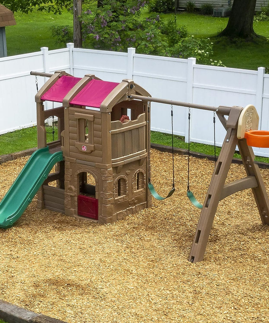 Step2 Adventure Lodge Play Center Climber and Slide, Two Story Clubhouse with Swings and Rope Ladder, Outdoor Playset for Kids 3+