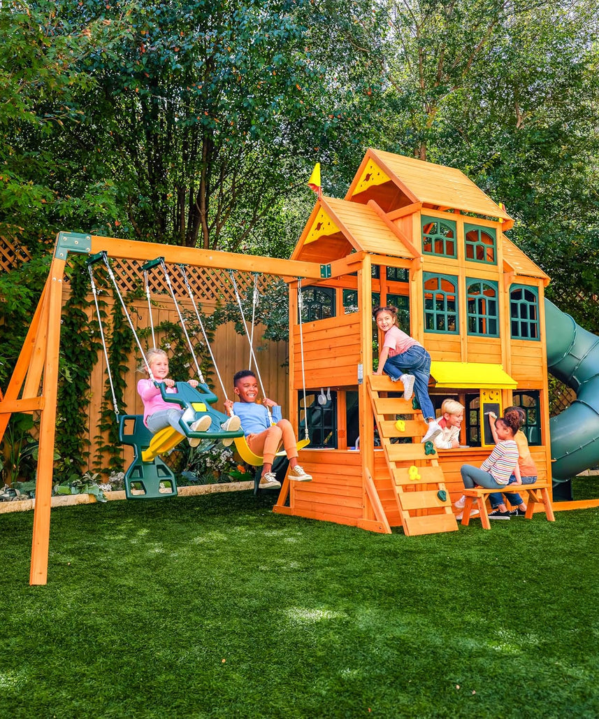 KidKraft Falcon Ridge Wooden Swing Set / Playset – Outdoor Playhouse with Slides, Swings, Rock Wall, Clubhouse, and Deluxe Kitchen for Kids Age 3-10 Years