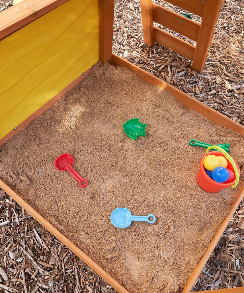 KidKraft Brightside Wooden Swing Set with High-Rail Wave Slide, Rock Wall, Upper Clubhouse, Monkey Bars, Sandbox and Belt Swings, Outdoor Backyard Playset for Kids Ages 3 to 10