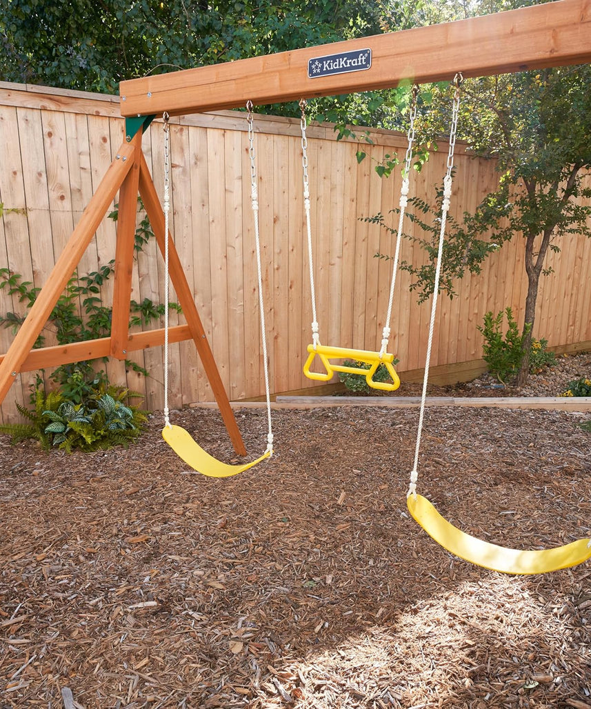 KidKraft Brightside Wooden Swing Set with High-Rail Wave Slide, Rock Wall, Upper Clubhouse, Monkey Bars, Sandbox and Belt Swings, Outdoor Backyard Playset for Kids Ages 3 to 10