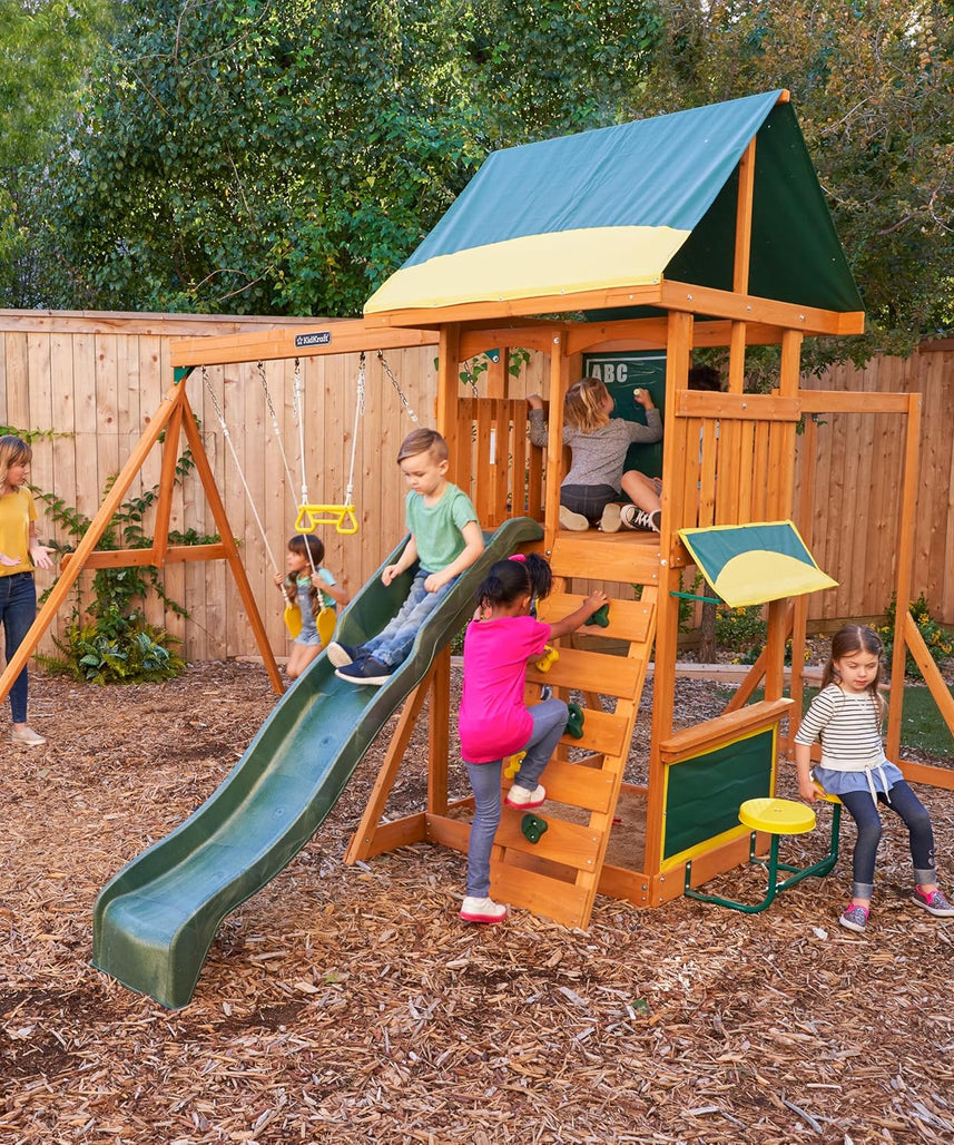 KidKraft Brightside Wooden Swing Set with High-Rail Wave Slide, Rock Wall, Upper Clubhouse, Monkey Bars, Sandbox and Belt Swings, Outdoor Backyard Playset for Kids Ages 3 to 10