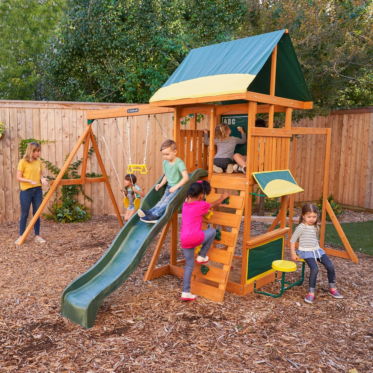 KidKraft Brightside Wooden Swing Set with High-Rail Wave Slide, Rock Wall, Upper Clubhouse, Monkey Bars, Sandbox and Belt Swings, Outdoor Backyard Playset for Kids Ages 3 to 10