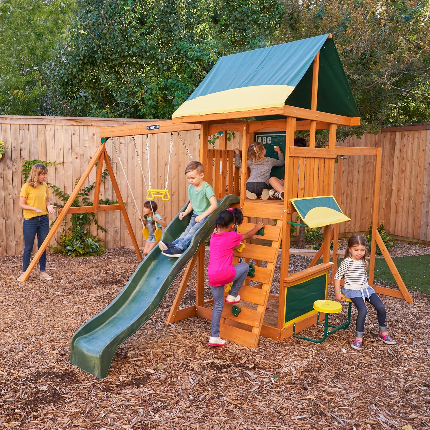 KidKraft Brightside Wooden Swing Set with High-Rail Wave Slide, Rock Wall, Upper Clubhouse, Monkey Bars, Sandbox and Belt Swings, Outdoor Backyard Playset for Kids Ages 3 to 10
