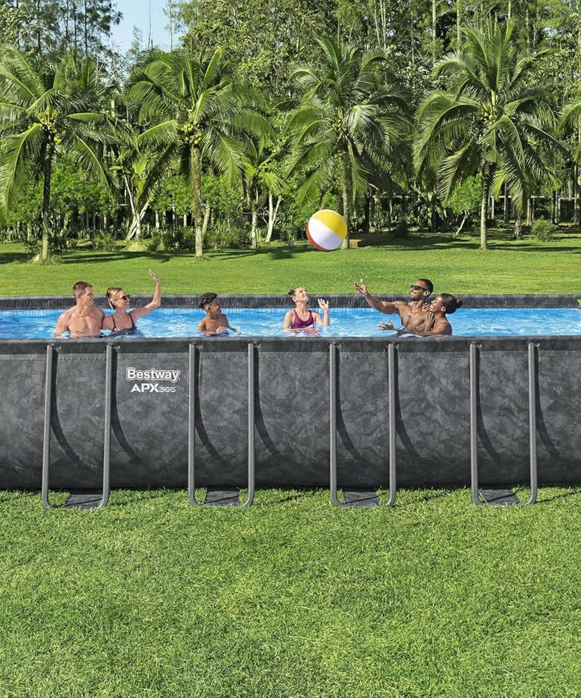 Bestway Power Steel™ APX 365 Rectangular Above Ground Pool Set 24 ft x 12 ft x 52 in (7.32m x 3.66m x 1.32m) – Year-Round Steel Frame Swimming Pool with Sand Filter Pump, Ages 18+