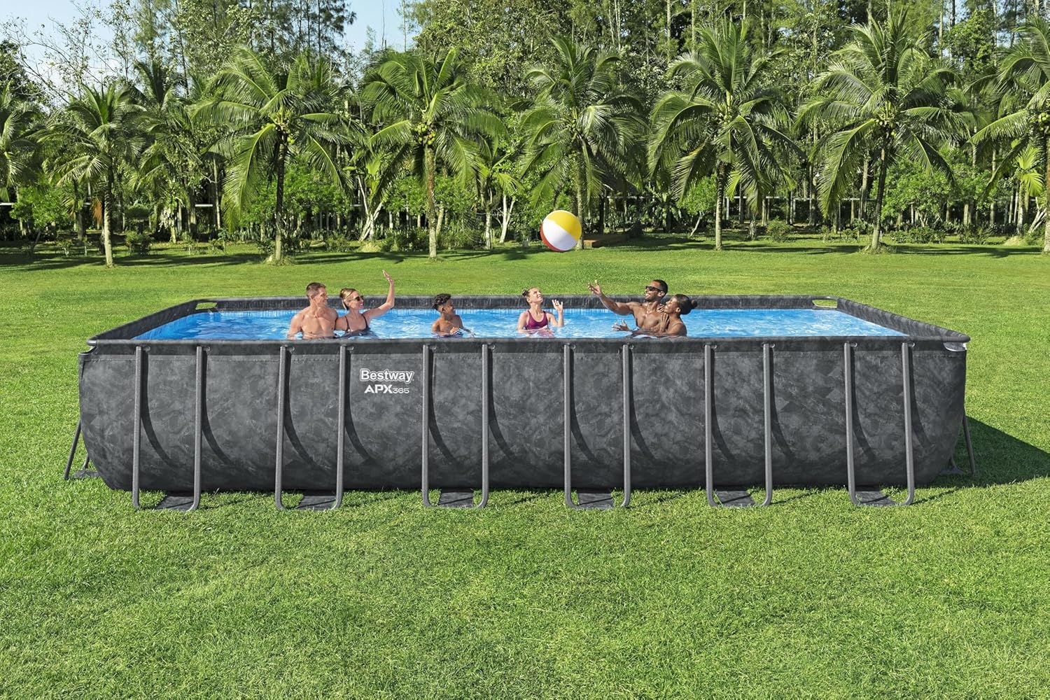 Bestway Power Steel™ APX 365 Rectangular Above Ground Pool Set 24 ft x 12 ft x 52 in (7.32m x 3.66m x 1.32m) – Year-Round Steel Frame Swimming Pool with Sand Filter Pump, Ages 18+