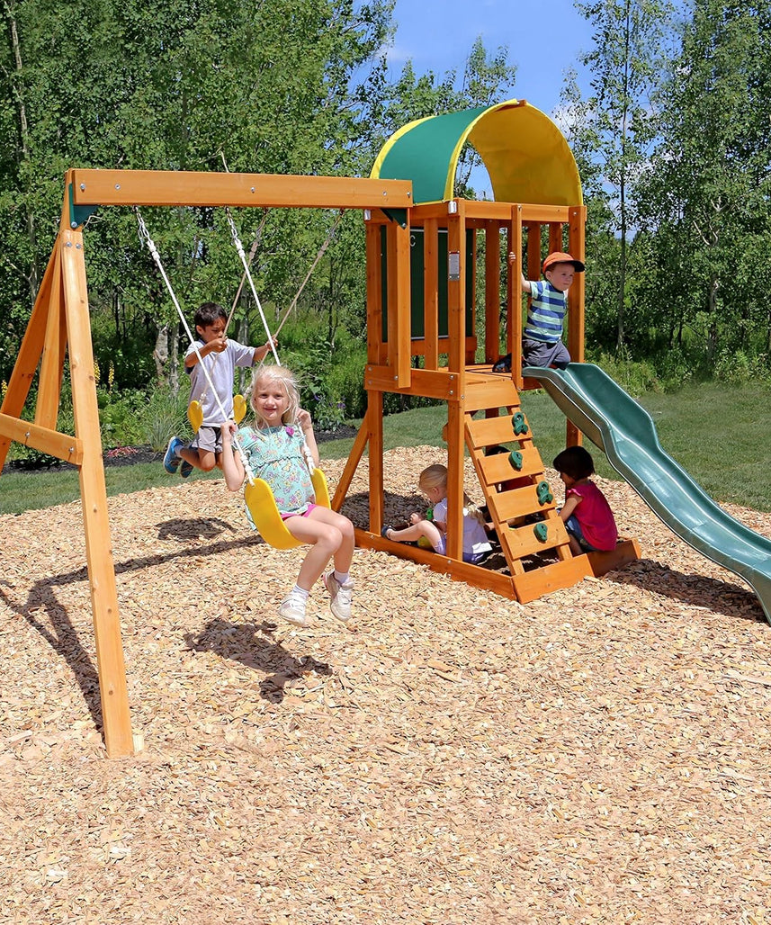 KidKraft Ainsley Outdoor Swing Set / Playset with High-Rail Wave Slide, Rock Wall, Upper-Level Clubhouse and Belt Swings, Multicolor Wooden Backyard Playset for Kids Ages 3 to 10