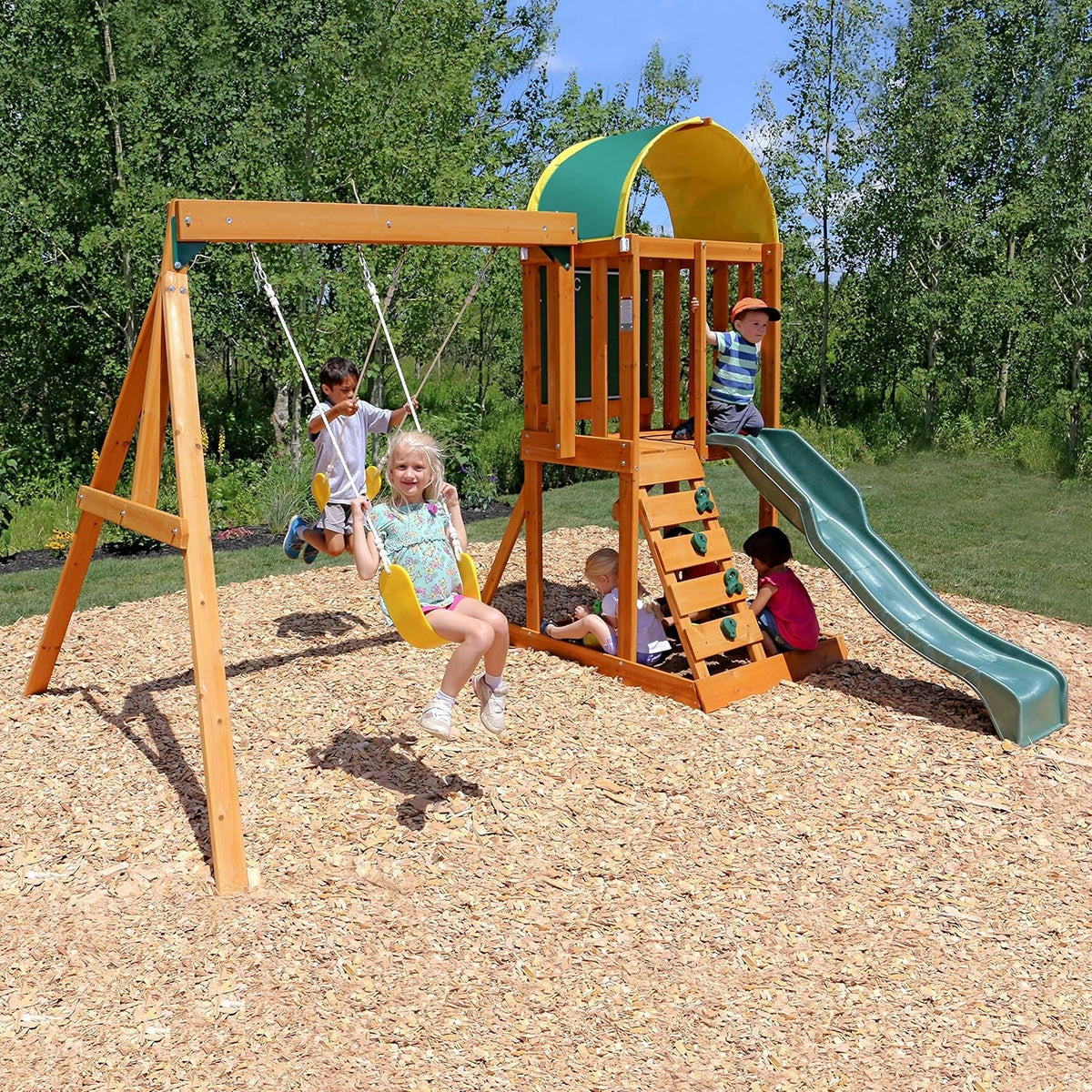 KidKraft Ainsley Outdoor Swing Set / Playset with High-Rail Wave Slide, Rock Wall, Upper-Level Clubhouse and Belt Swings, Multicolor Wooden Backyard Playset for Kids Ages 3 to 10