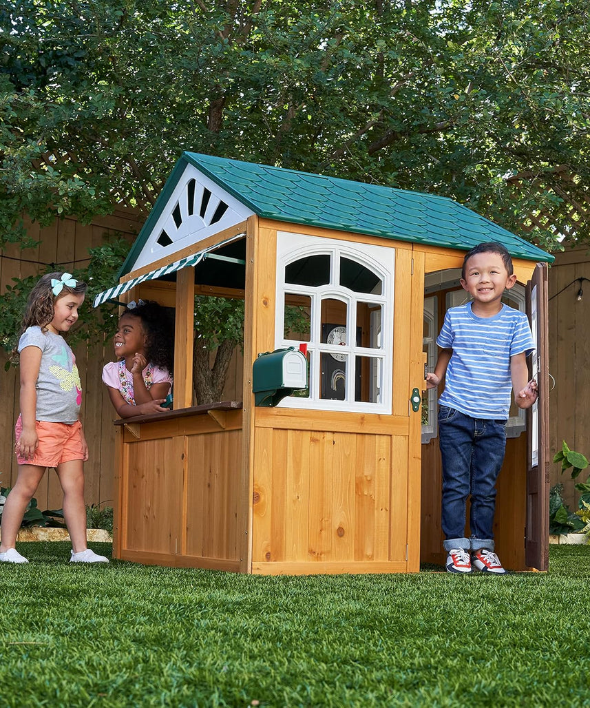 KidKraft 405 Garden View Wooden Outdoor Playhouse, Backyard Playhouse with Café Style Windows, Interactive Accessories, Ages 3 to 8, EZ Kraft Assembly, Weather Resistant Wood