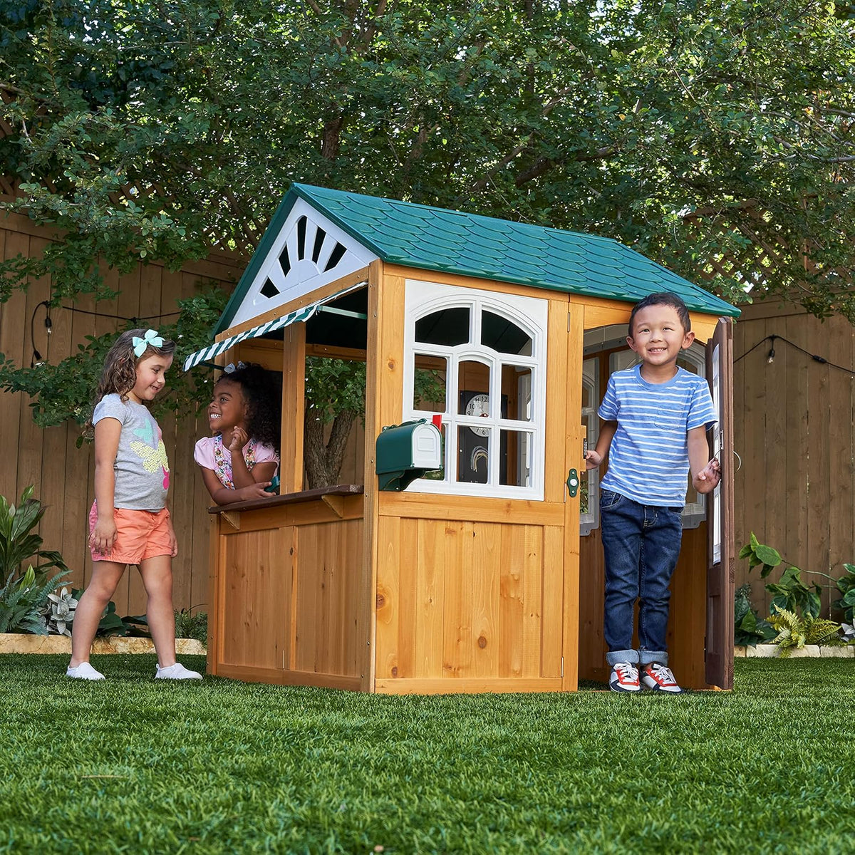KidKraft 405 Garden View Wooden Outdoor Playhouse, Backyard Playhouse with Café Style Windows, Interactive Accessories, Ages 3 to 8, EZ Kraft Assembly, Weather Resistant Wood