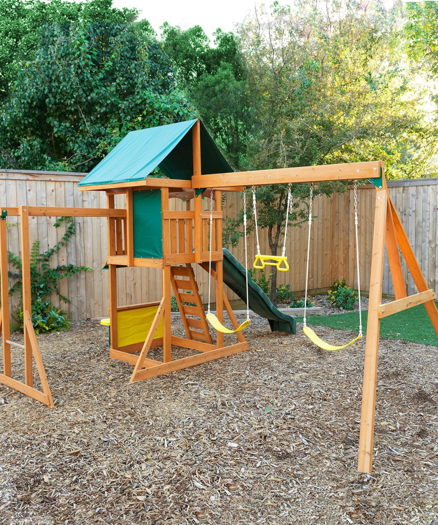 KidKraft Brightside Wooden Swing Set with High-Rail Wave Slide, Rock Wall, Upper Clubhouse, Monkey Bars, Sandbox and Belt Swings, Outdoor Backyard Playset for Kids Ages 3 to 10