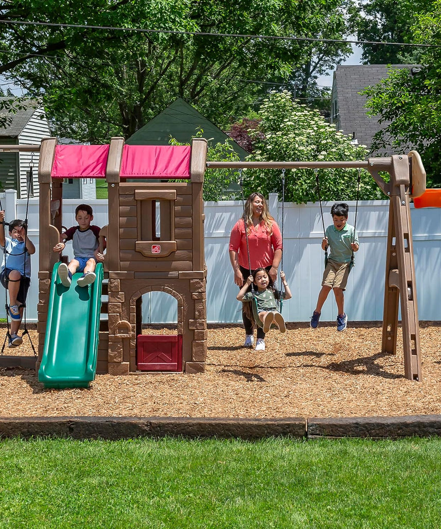 Step2 Adventure Lodge Play Center Climber and Slide, Two Story Clubhouse with Swings and Rope Ladder, Outdoor Playset for Kids 3+