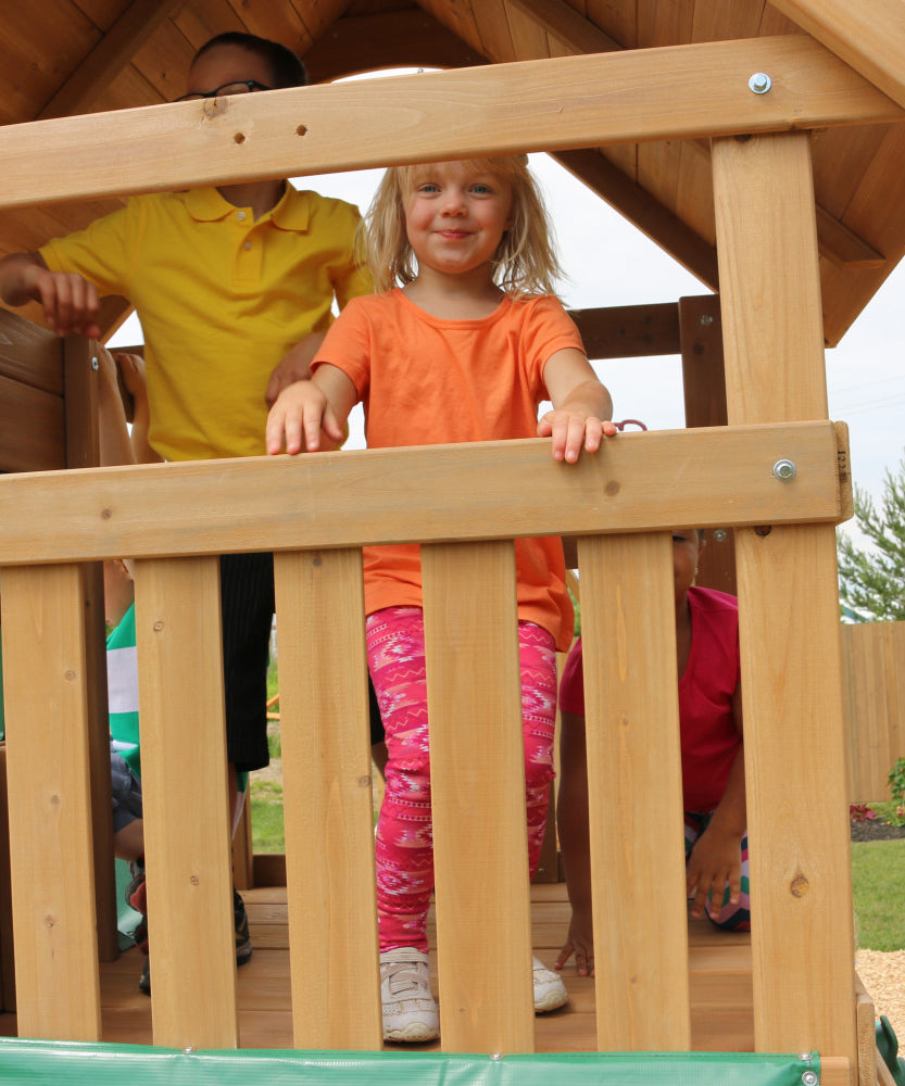 KidKraft Windale Fort Wooden Outdoor Swing Set, Playset with Clubhouse, Swings, High-Rail Wave Slide, Glider, Shaded Café Table and Bench, Multi-Level Backyard Play for Kids Ages 3 to 10