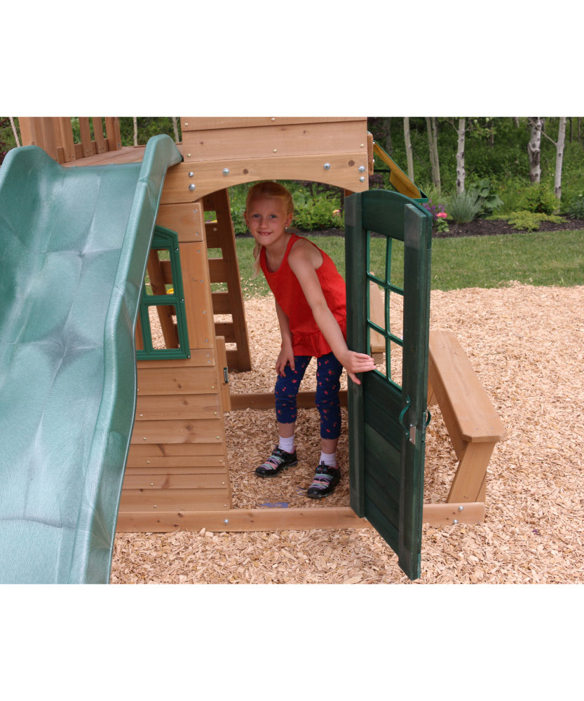 KidKraft Windale Fort Wooden Outdoor Swing Set, Playset with Clubhouse, Swings, High-Rail Wave Slide, Glider, Shaded Café Table and Bench, Multi-Level Backyard Play for Kids Ages 3 to 10