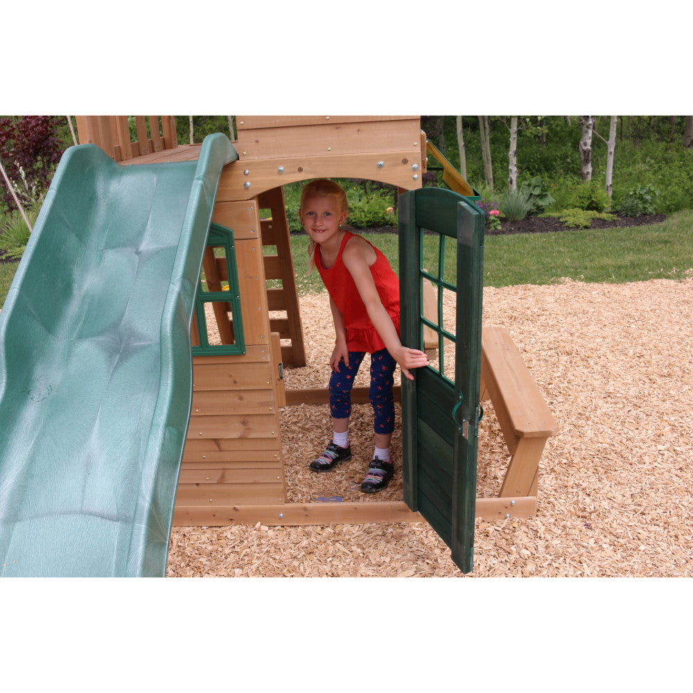KidKraft Windale Fort Wooden Outdoor Swing Set, Playset with Clubhouse, Swings, High-Rail Wave Slide, Glider, Shaded Café Table and Bench, Multi-Level Backyard Play for Kids Ages 3 to 10
