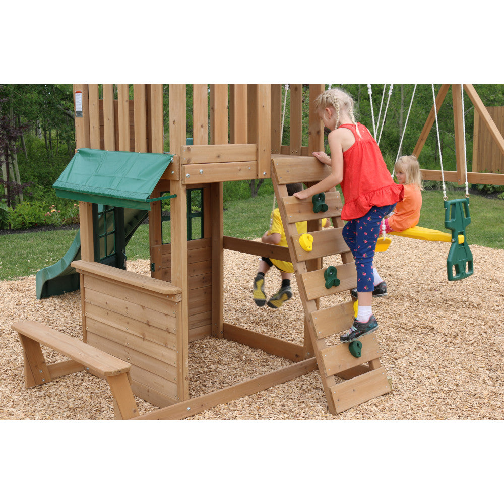KidKraft Windale Fort Wooden Outdoor Swing Set, Playset with Clubhouse, Swings, High-Rail Wave Slide, Glider, Shaded Café Table and Bench, Multi-Level Backyard Play for Kids Ages 3 to 10