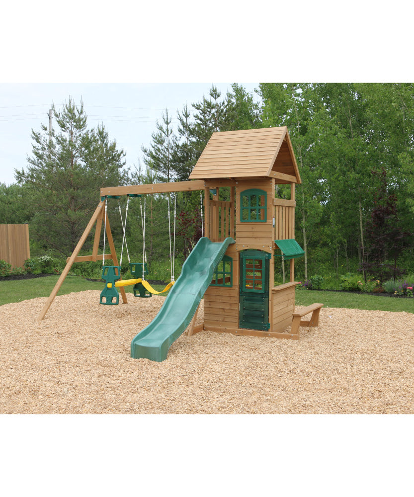 KidKraft Windale Fort Wooden Outdoor Swing Set, Playset with Clubhouse, Swings, High-Rail Wave Slide, Glider, Shaded Café Table and Bench, Multi-Level Backyard Play for Kids Ages 3 to 10