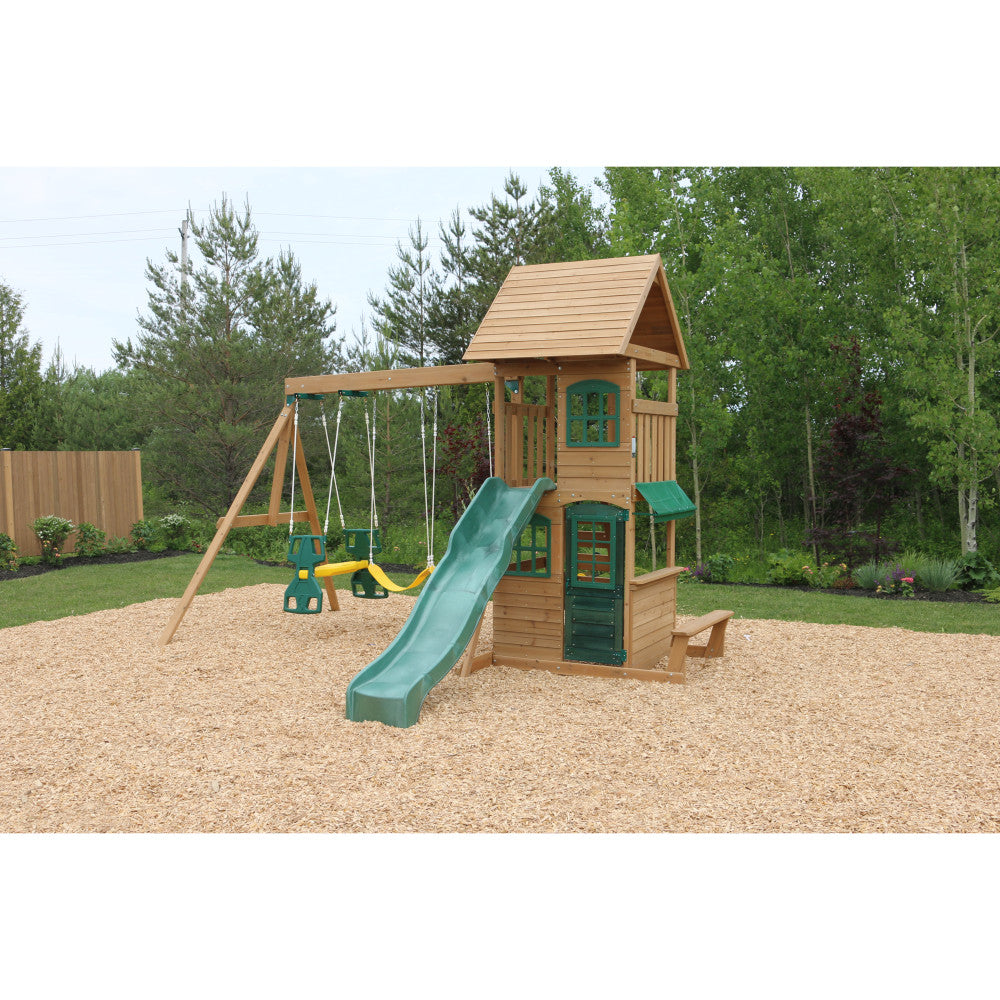KidKraft Windale Fort Wooden Outdoor Swing Set, Playset with Clubhouse, Swings, High-Rail Wave Slide, Glider, Shaded Café Table and Bench, Multi-Level Backyard Play for Kids Ages 3 to 10