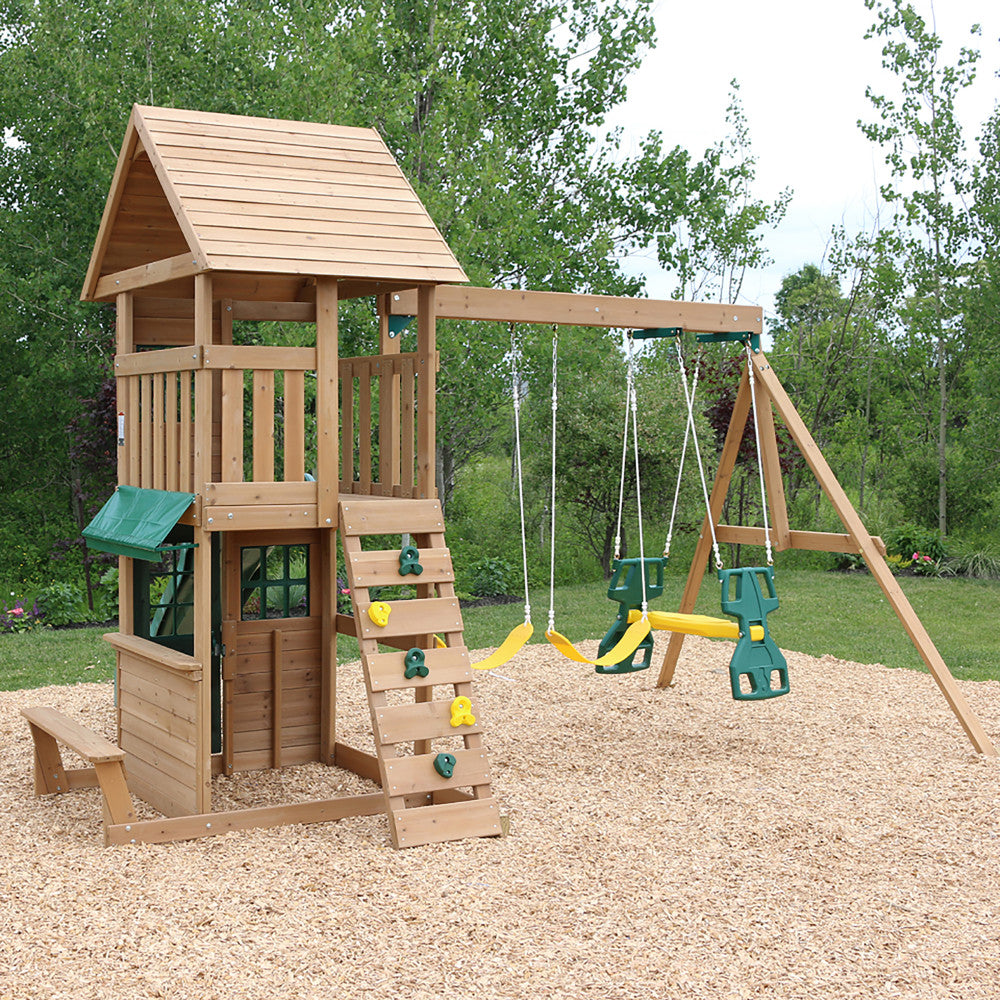 KidKraft Windale Fort Wooden Outdoor Swing Set, Playset with Clubhouse, Swings, High-Rail Wave Slide, Glider, Shaded Café Table and Bench, Multi-Level Backyard Play for Kids Ages 3 to 10
