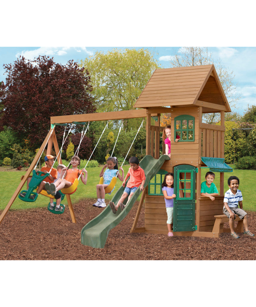 KidKraft Windale Fort Wooden Outdoor Swing Set, Playset with Clubhouse, Swings, High-Rail Wave Slide, Glider, Shaded Café Table and Bench, Multi-Level Backyard Play for Kids Ages 3 to 10