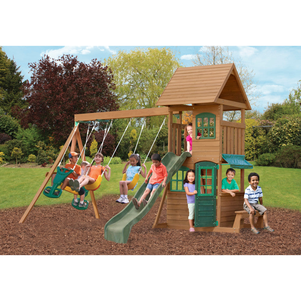 KidKraft Windale Fort Wooden Outdoor Swing Set, Playset with Clubhouse, Swings, High-Rail Wave Slide, Glider, Shaded Café Table and Bench, Multi-Level Backyard Play for Kids Ages 3 to 10