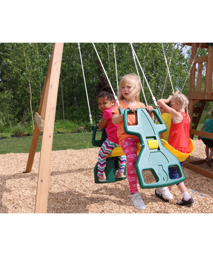 KidKraft Windale Fort Wooden Outdoor Swing Set, Playset with Clubhouse, Swings, High-Rail Wave Slide, Glider, Shaded Café Table and Bench, Multi-Level Backyard Play for Kids Ages 3 to 10