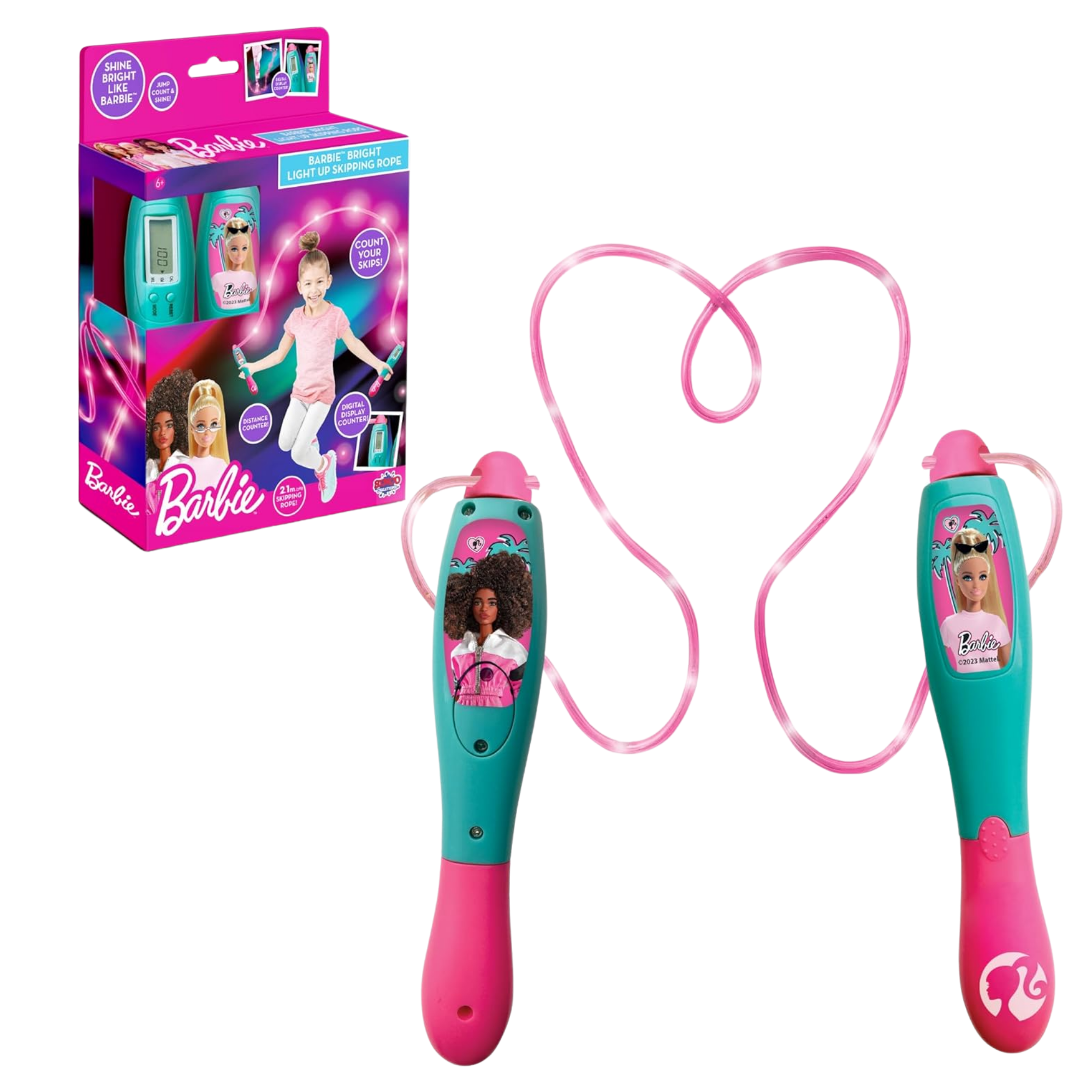 حبل القفز المضيء LED من سينكو كرييشنز باربي بطول 2.1 متر مع عداد رقمي، لعبة لياقة بدنية داخلية وخارجية مناسبة للأطفال من سن 3 سنوات فما فوق