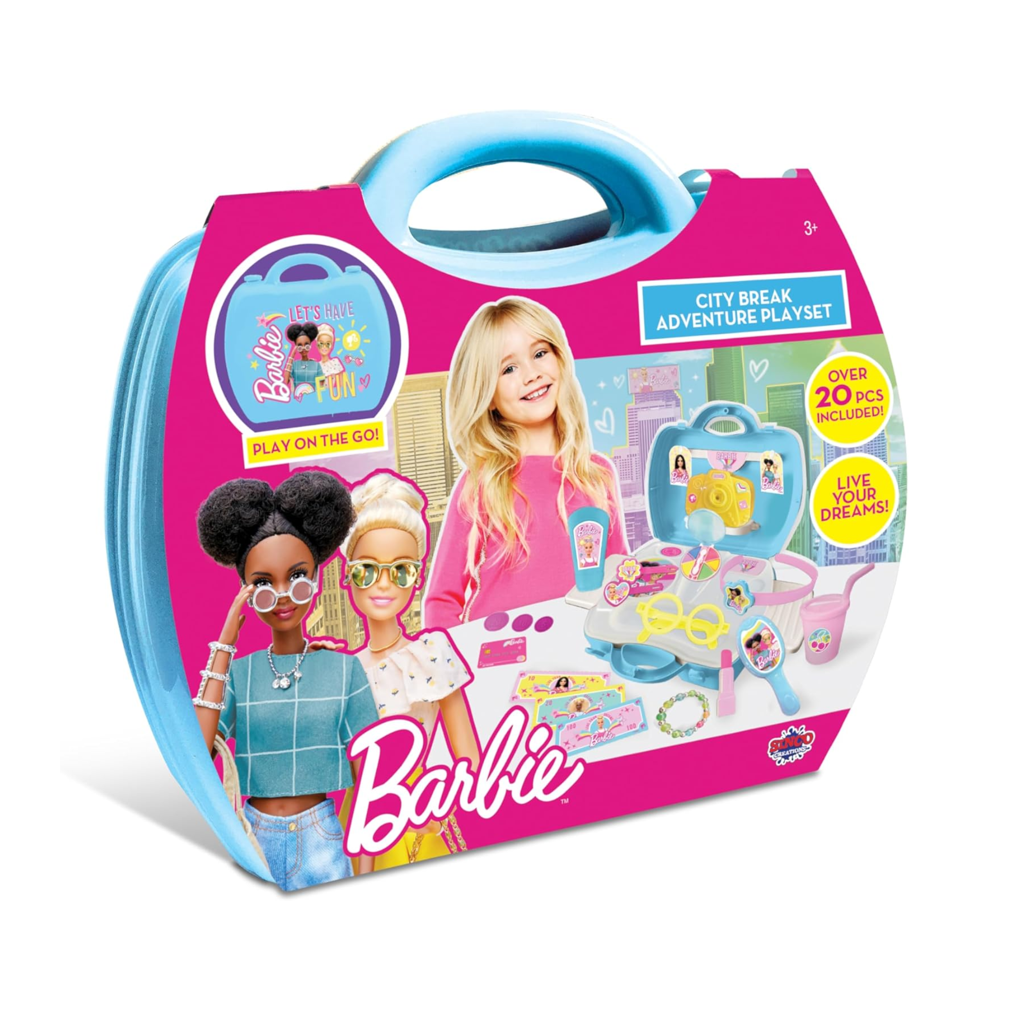 Sinco Creations Barbie City Break Adventure Playset, 20 Piece Pretend Play Toy with Carry Case, Role Play Toy Suitable for Kids Aged 3Y+