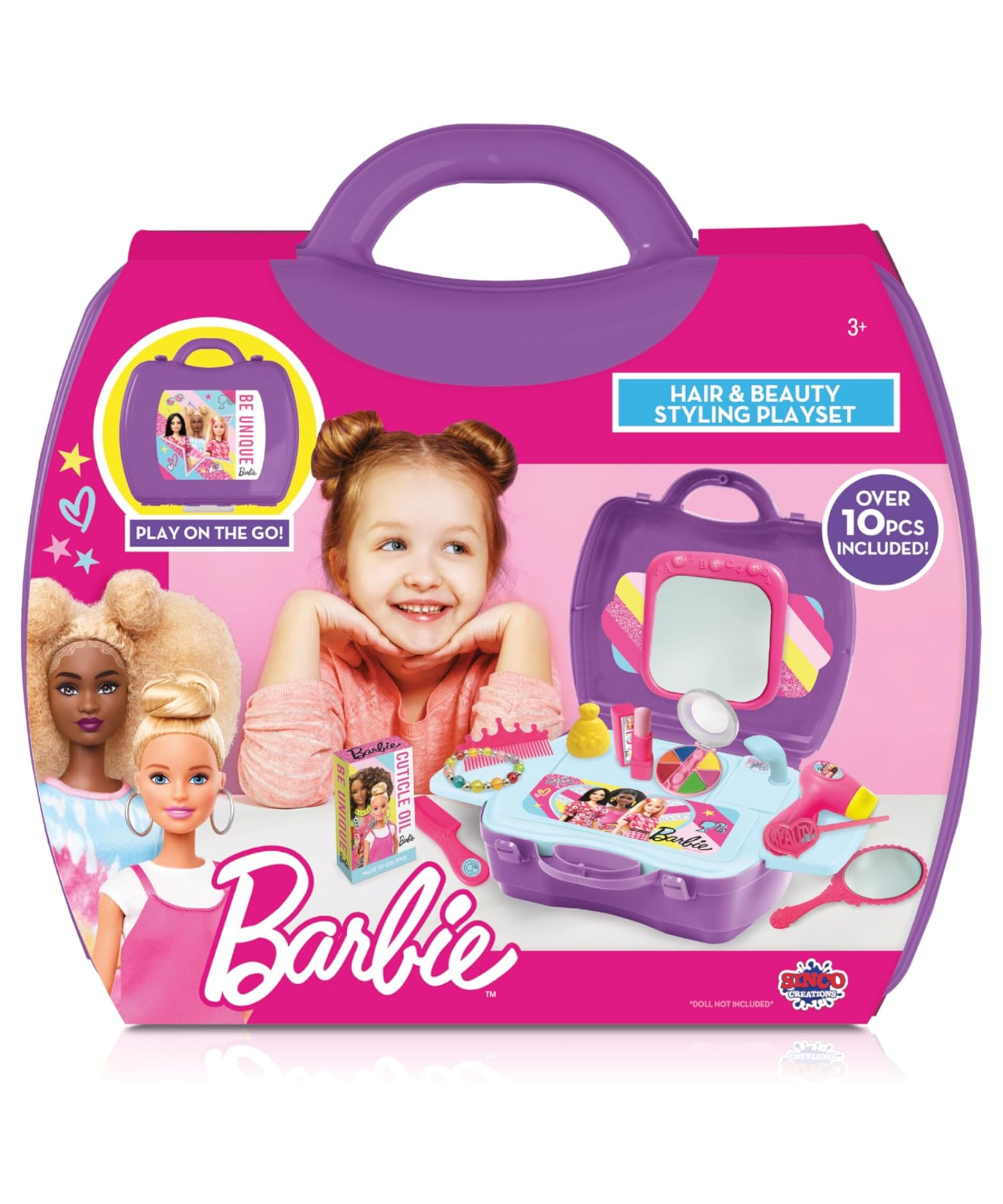 مجموعة ألعاب سينكو كرييشنز باربي للشعر والجمال، 10 قطع مع حقيبة حمل، لعبة لعب الأدوار مناسبة للأطفال من سن 3 سنوات فما فوق