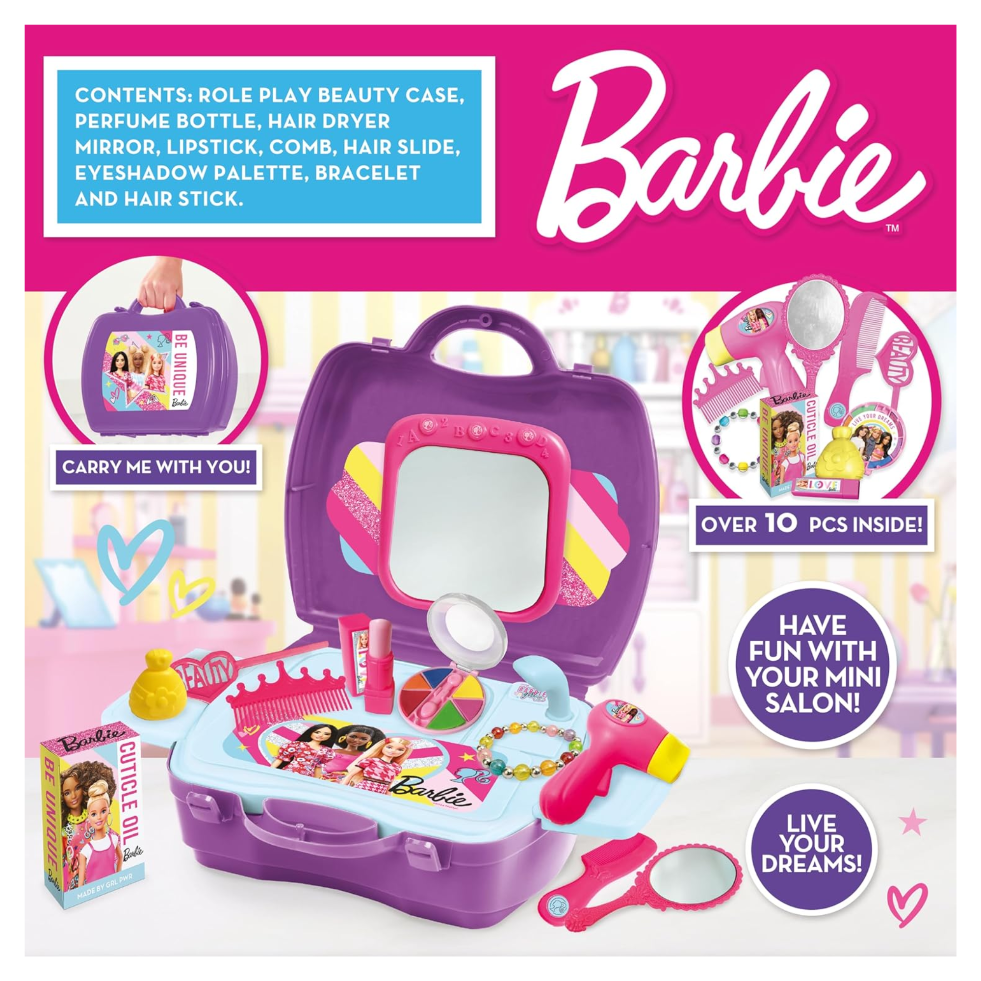 مجموعة ألعاب سينكو كرييشنز باربي للشعر والجمال، 10 قطع مع حقيبة حمل، لعبة لعب الأدوار مناسبة للأطفال من سن 3 سنوات فما فوق