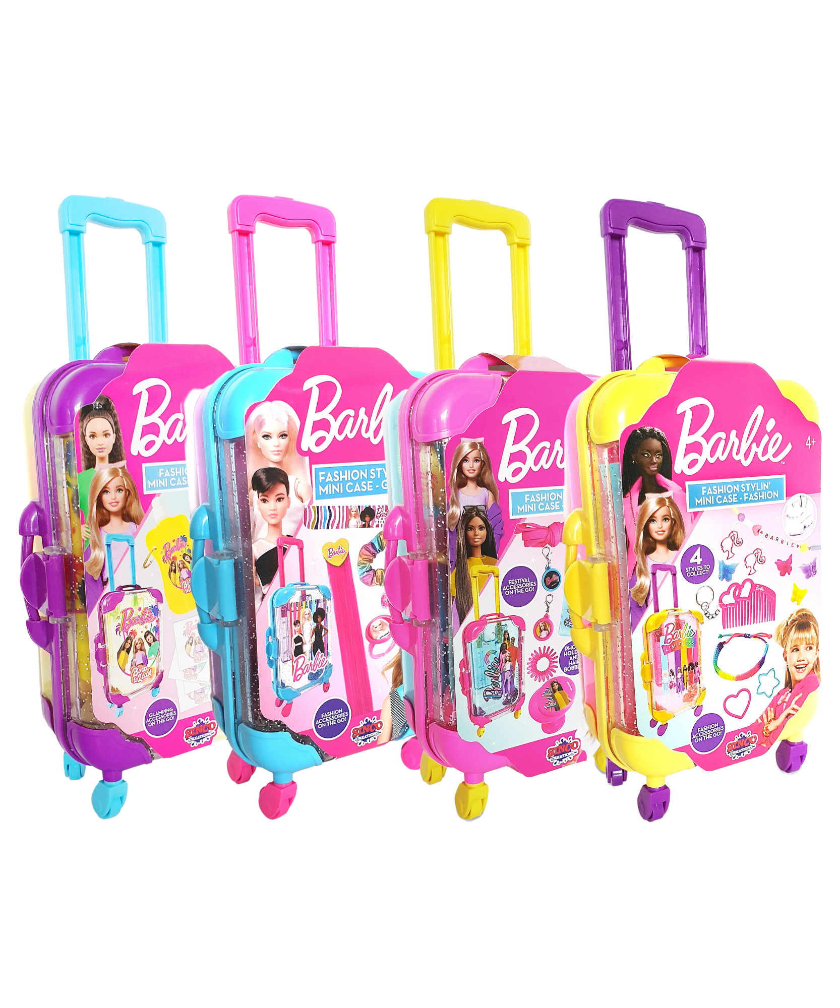 حقيبة سينكو كرييشنز باربي فاشون ستايلين ميني، تتميز بأربعة أنماط متنوعة، للمهرجانات، والتخييم الفاخر، والأزياء الساحرة، ومجموعة ألعاب قابلة للتجميع أثناء التنقل، مناسبة للأطفال من سن 3 سنوات فما فوق