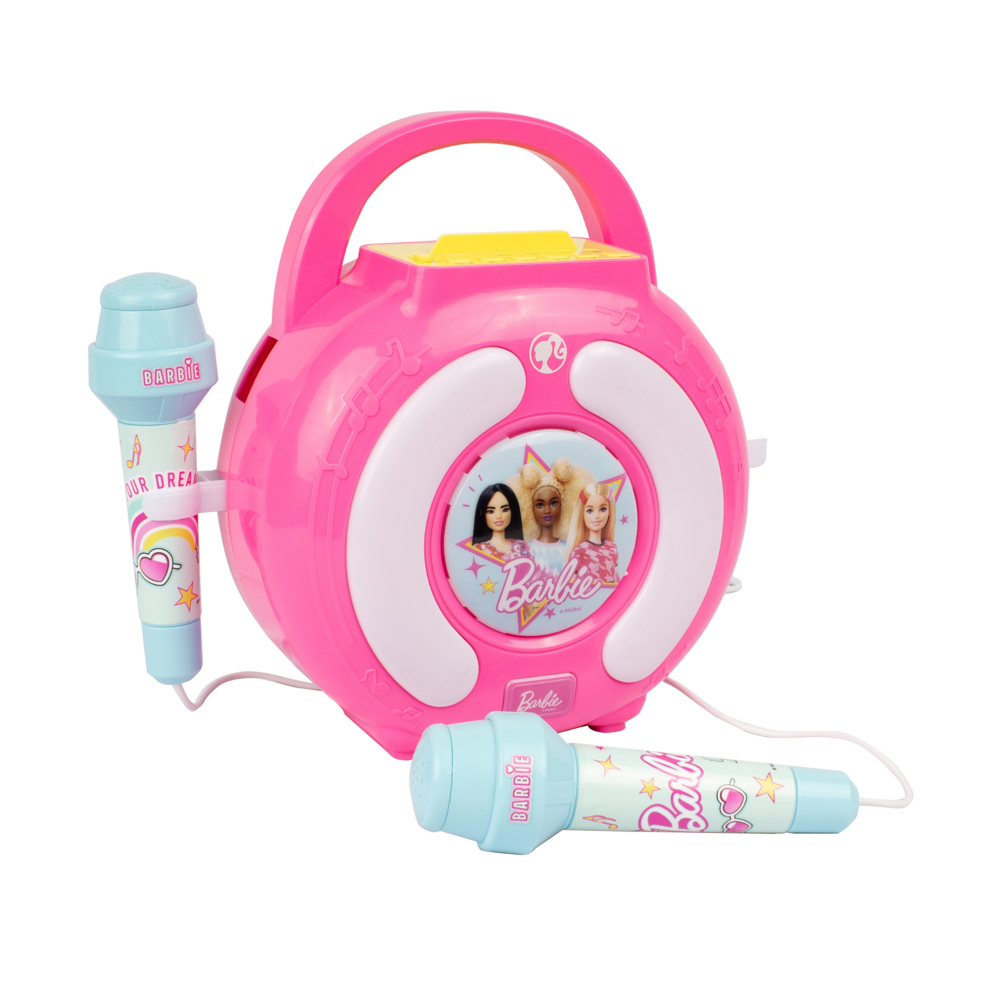 صندوق صوت كاريوكي باربي من سينكو كرييشنز، مكبر صوت بلوتوث خفيف الوزن وقابل للحمل مع ميكروفونين لاسلكيين، ميزة تغيير الصوت، حزام حمل للاستمتاع بالغناء أثناء التنقل، مناسب للأطفال من سن 3 سنوات فما فوق