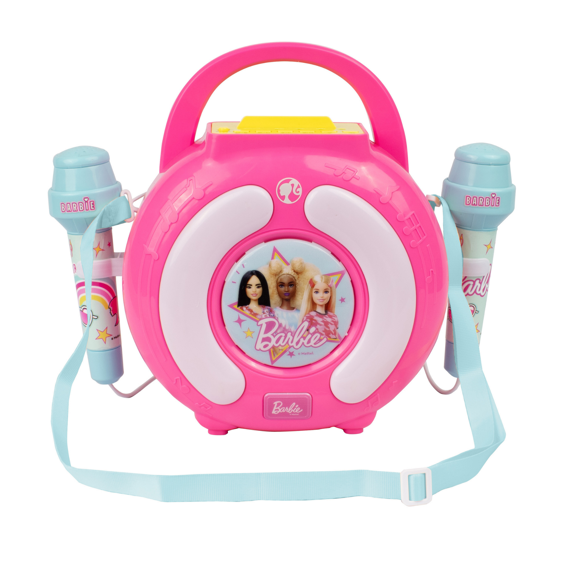 صندوق صوت كاريوكي باربي من سينكو كرييشنز، مكبر صوت بلوتوث خفيف الوزن وقابل للحمل مع ميكروفونين لاسلكيين، ميزة تغيير الصوت، حزام حمل للاستمتاع بالغناء أثناء التنقل، مناسب للأطفال من سن 3 سنوات فما فوق