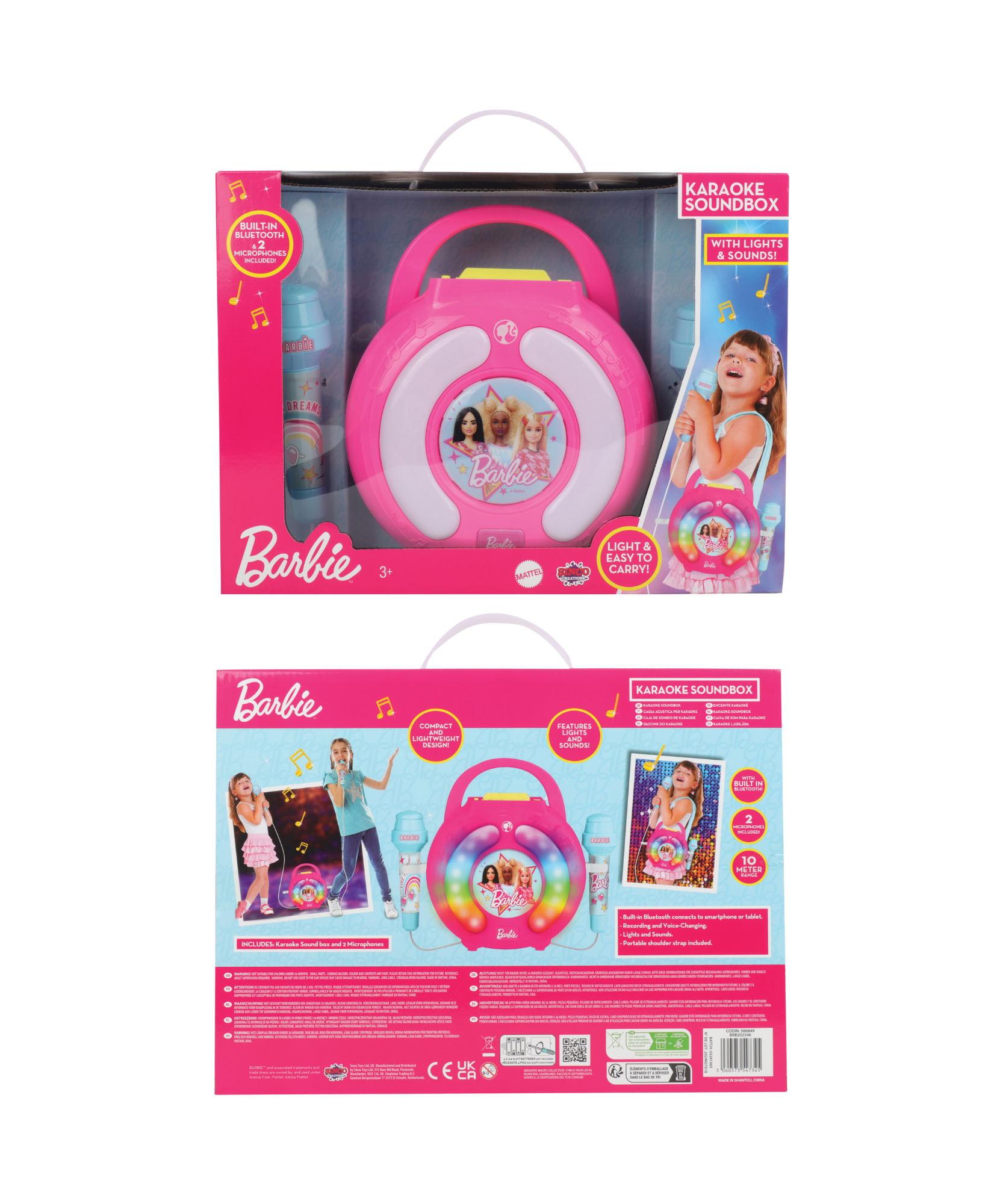 صندوق صوت كاريوكي باربي من سينكو كرييشنز، مكبر صوت بلوتوث خفيف الوزن وقابل للحمل مع ميكروفونين لاسلكيين، ميزة تغيير الصوت، حزام حمل للاستمتاع بالغناء أثناء التنقل، مناسب للأطفال من سن 3 سنوات فما فوق