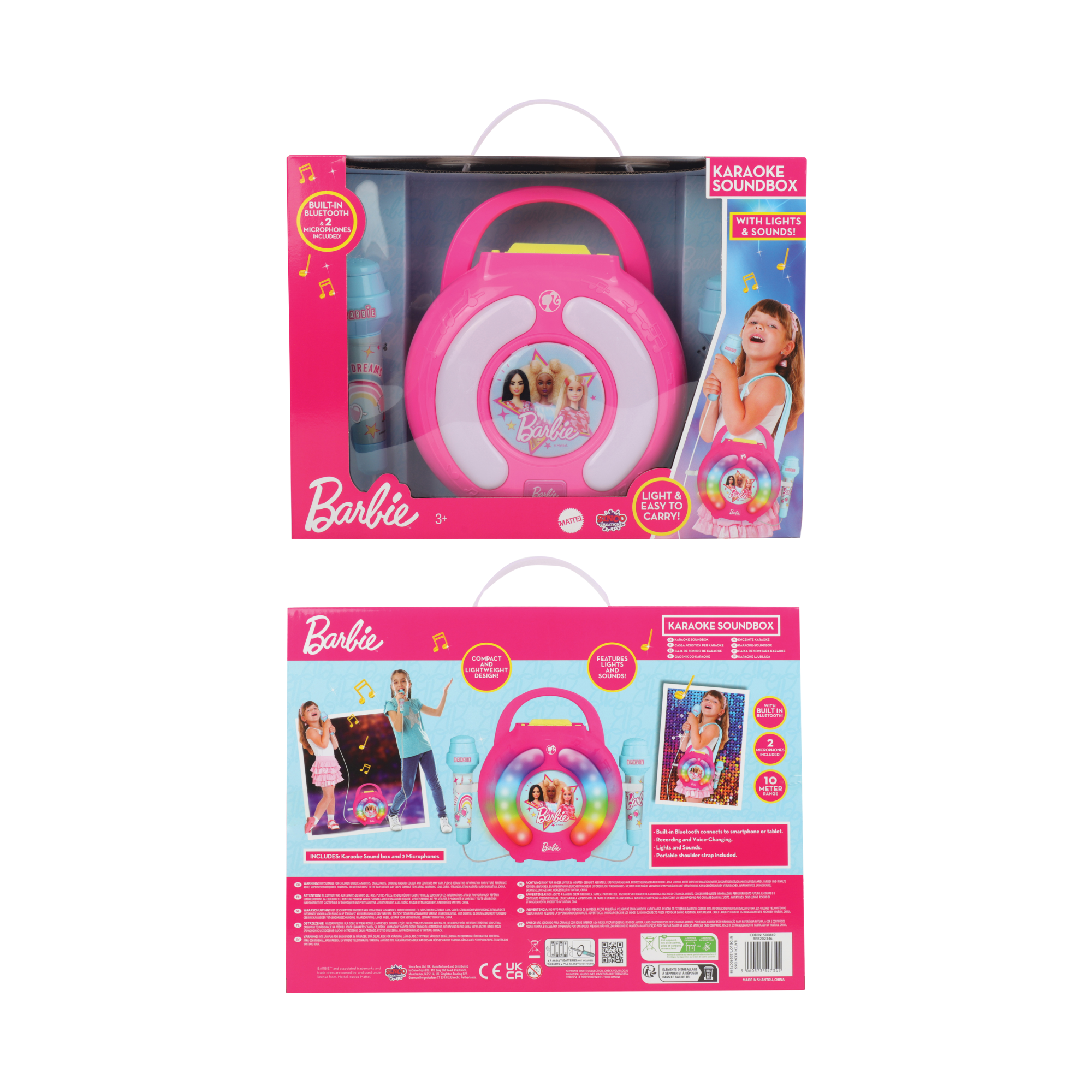 صندوق صوت كاريوكي باربي من سينكو كرييشنز، مكبر صوت بلوتوث خفيف الوزن وقابل للحمل مع ميكروفونين لاسلكيين، ميزة تغيير الصوت، حزام حمل للاستمتاع بالغناء أثناء التنقل، مناسب للأطفال من سن 3 سنوات فما فوق