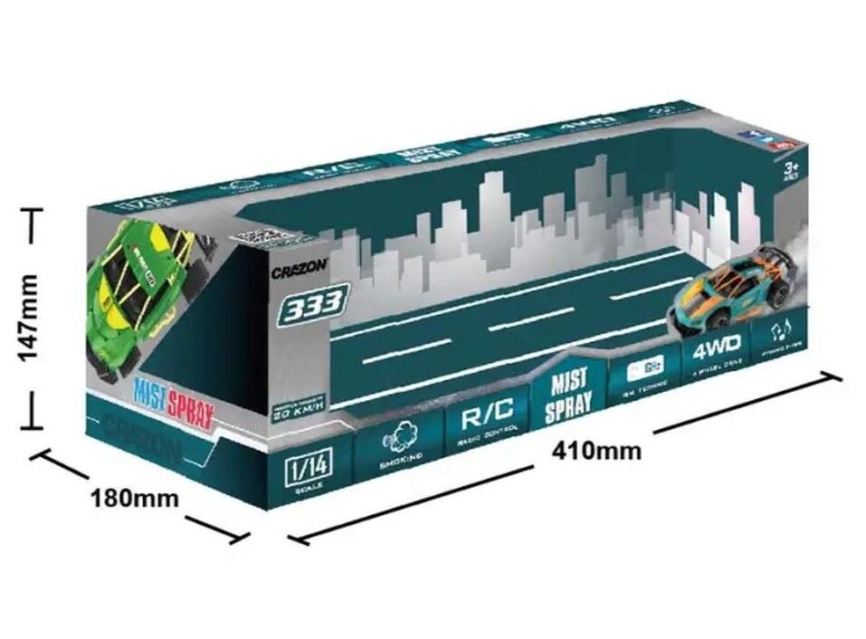 Crazon 1:14 Scale High-Speed Green Drift RC Car with Smoke Effects, Sound, 4-Direction Remote Control, Rechargeable Battery, for Kids 3+