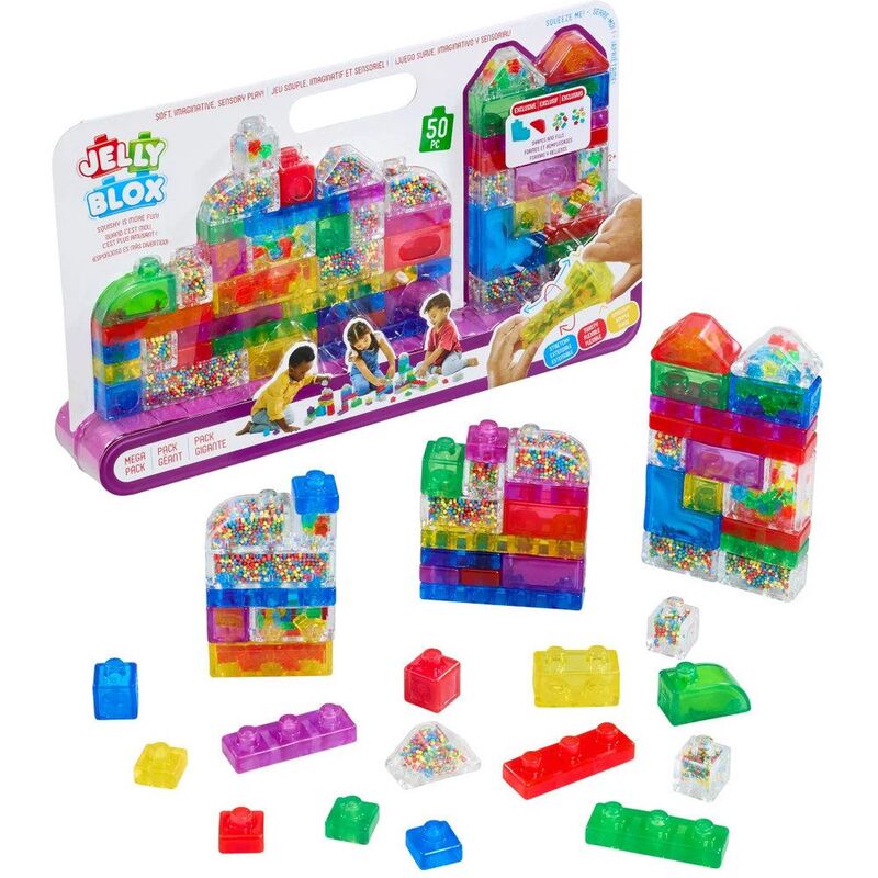 Jelly Blox Mega Pack, 50-Piece Sensory Building Blocks, Soft Squishy Toddler Toys, Creative Play for Ages 2+, Fine Motor Skills Development, Safe Non-Toxic Plastic, Multicolor, Educational Construction Set