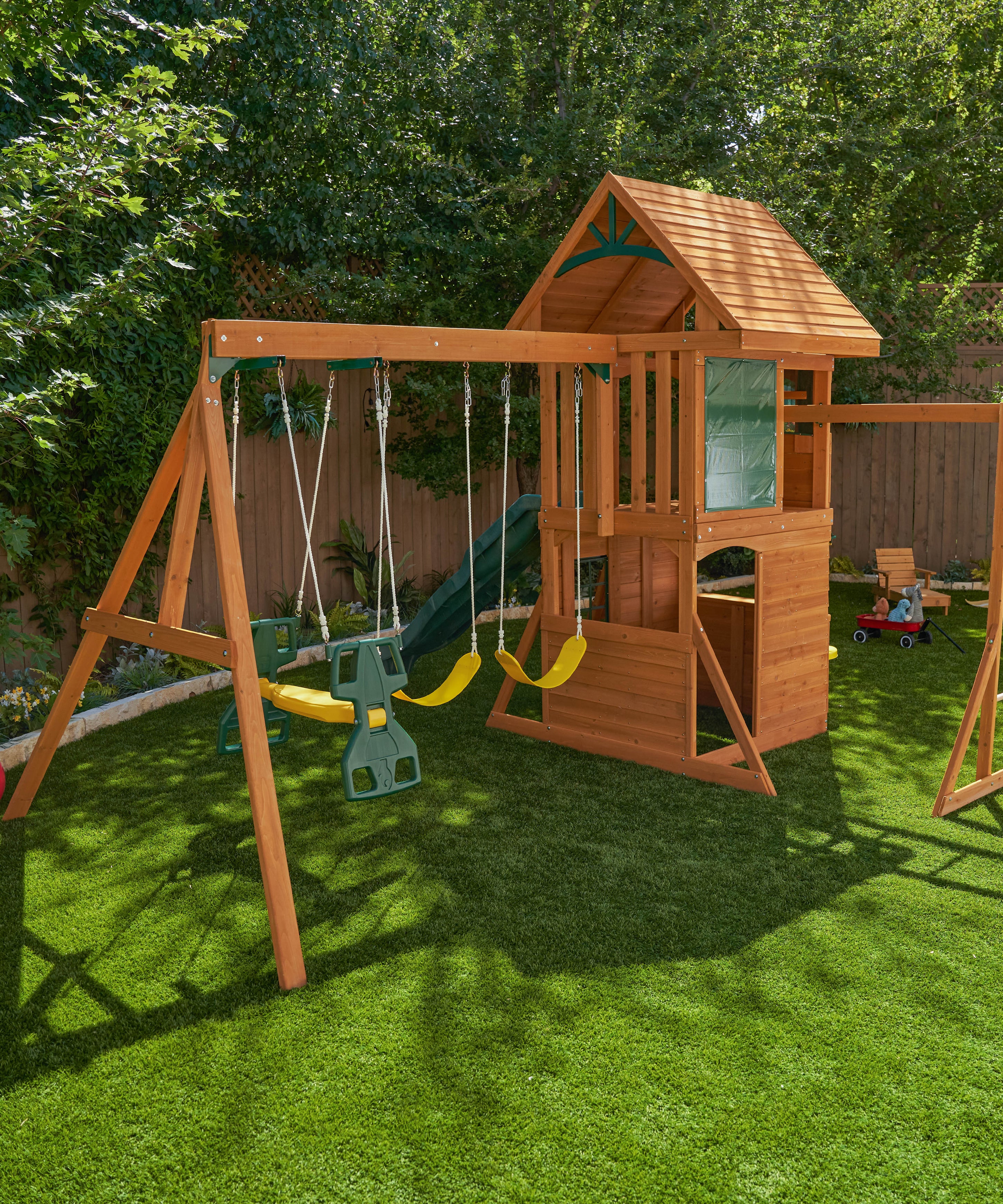 KidKraft Ridgeview Deluxe Clubhouse Wooden Swing Set/Playset with High-Rail Wave Slide, Rock Wall, Monkey Bars, Glider and Café Area, Outdoor Backyard Playset for Kids Ages 3 to 10