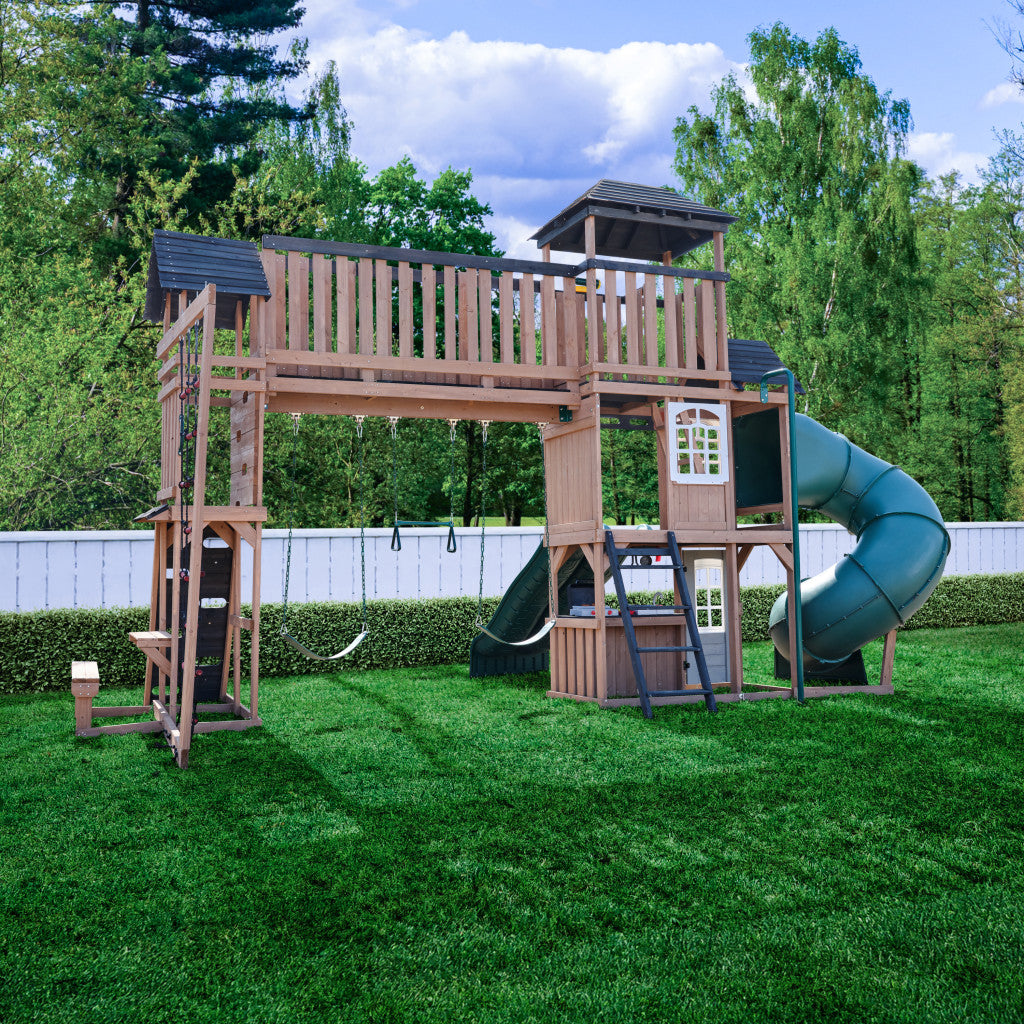 KidKraft Treetop Observatory Wooden Swing Set / Playset – Deluxe Outdoor Clubhouse with Slides, Swings, Crow’s Nest, and Kitchen for Kids Age 3-10 Years