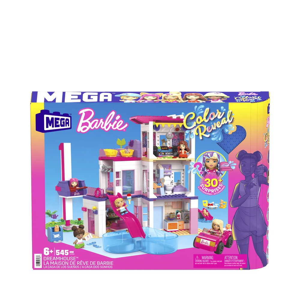 Mega Barbie Dreamhouse Building Set with 5 Color Reveal Micro-Dolls, Pets, Working Elevator and Pool for Kids 6 Years+