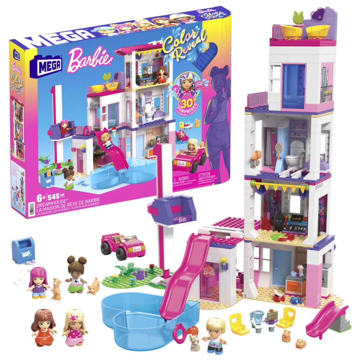 Mega Barbie Dreamhouse Building Set with 5 Color Reveal Micro-Dolls, Pets, Working Elevator and Pool for Kids 6 Years+