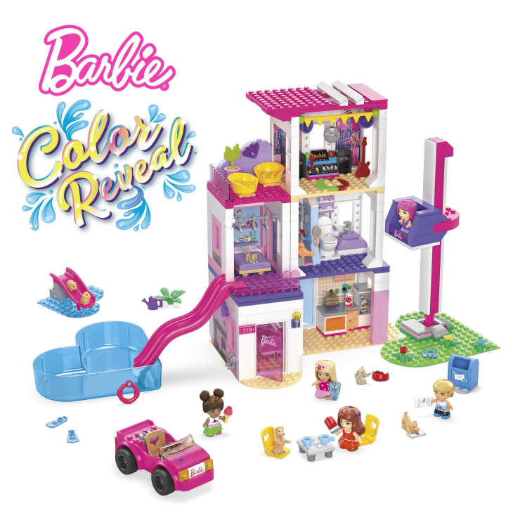 Mega Barbie Dreamhouse Building Set with 5 Color Reveal Micro-Dolls, Pets, Working Elevator and Pool for Kids 6 Years+