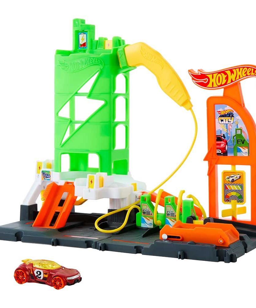 مجموعة محطة الوقود الفائقة هوت ويلز سيتي، مجموعة مسار سيارة لعبة، تتضمن سيارة بمقياس 1:64، مقابض شحن السيارات الكهربائية، رافعات سيارات، منصات إطلاق، مساحة تخزين، ألعاب أطفال
