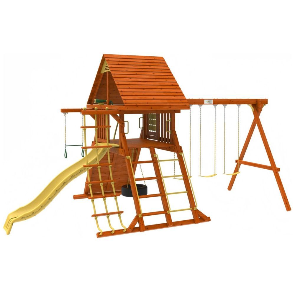 Kiddoro Discovery Den Wooden Swing Set, Backyard Adventure Playset with Swings, Slide, Climbing Wall & Clubhouse, Kids 2+ Years