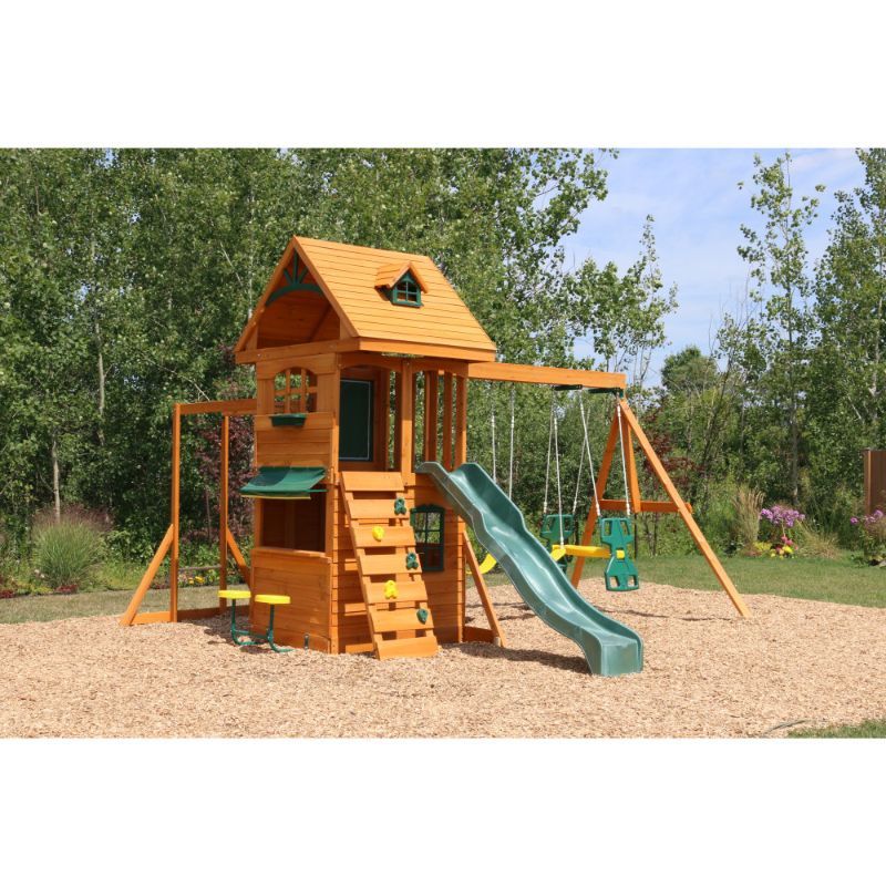 KidKraft Ridgeview Deluxe Clubhouse Wooden Swing Set/Playset with High-Rail Wave Slide, Rock Wall, Monkey Bars, Glider and Café Area, Outdoor Backyard Playset for Kids Ages 3 to 10