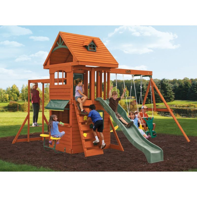 KidKraft Ridgeview Deluxe Clubhouse Wooden Swing Set/Playset with High-Rail Wave Slide, Rock Wall, Monkey Bars, Glider and Café Area, Outdoor Backyard Playset for Kids Ages 3 to 10
