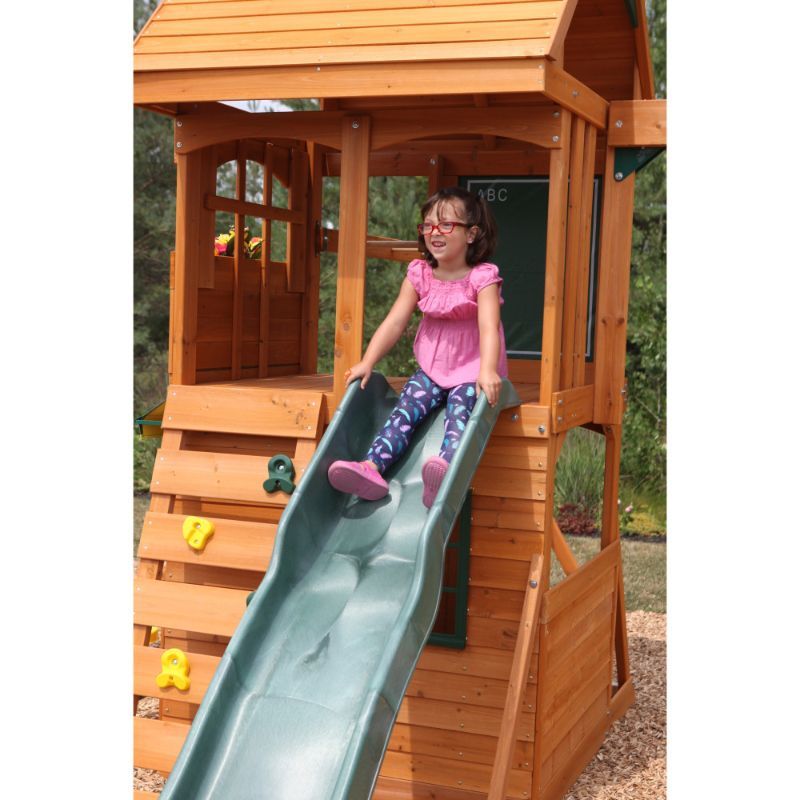 KidKraft Ridgeview Deluxe Clubhouse Wooden Swing Set/Playset with High-Rail Wave Slide, Rock Wall, Monkey Bars, Glider and Café Area, Outdoor Backyard Playset for Kids Ages 3 to 10